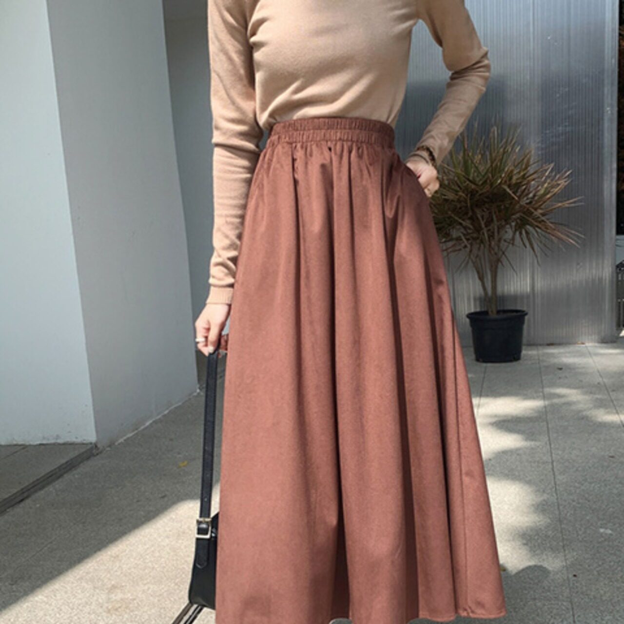 骨格ウェーブ コーデュロイ ハイウエストフレアロングスカート