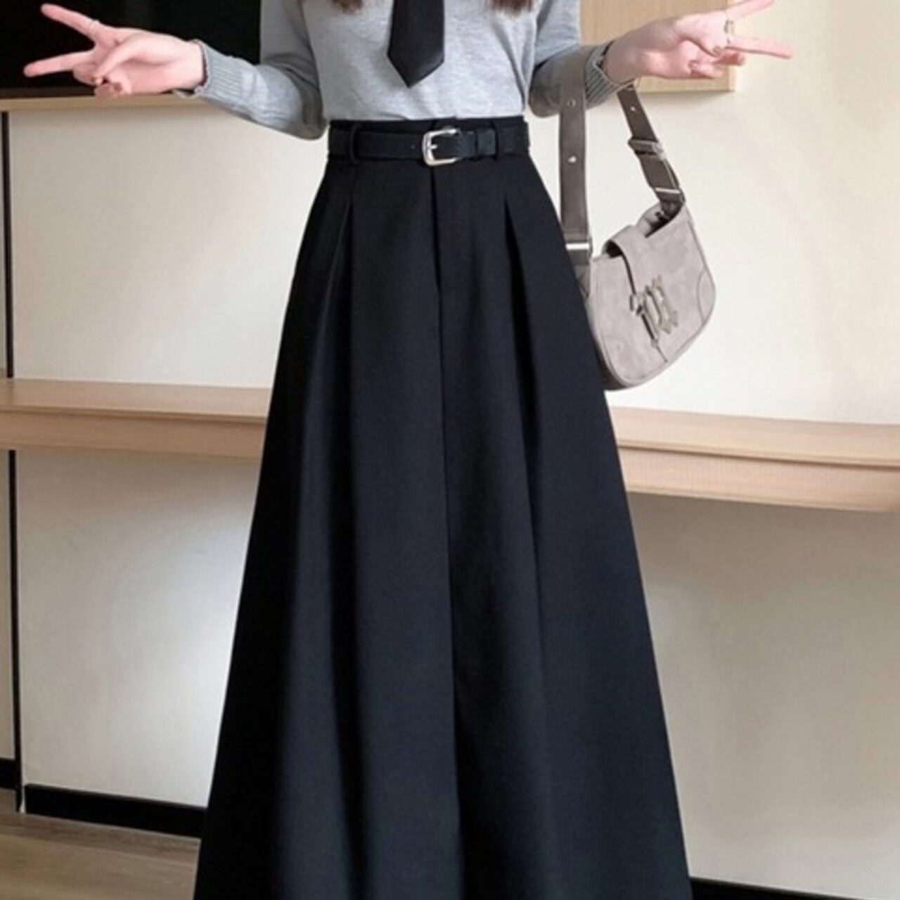 骨格ウェーブ タックフレアロングプリーツスカート