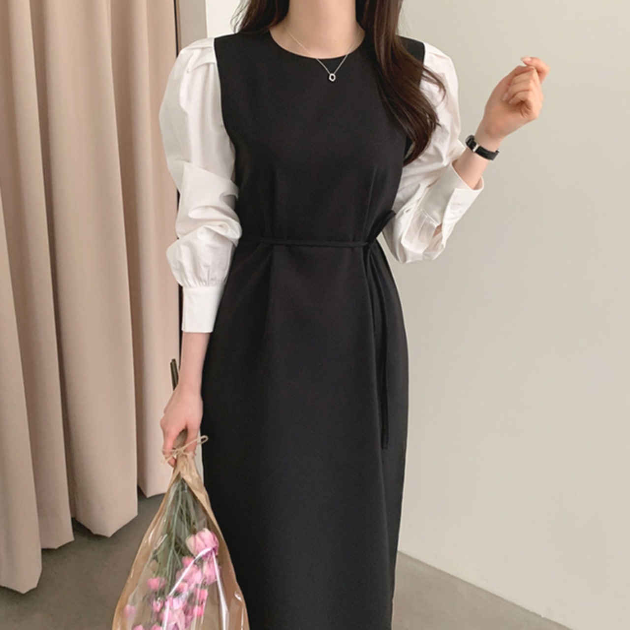 骨格ウェーブ パフスリーブウエストマークロングワンピース