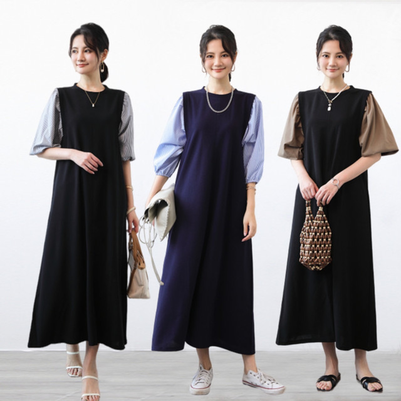 骨格ウェーブ パフスリーブタイトワンピース