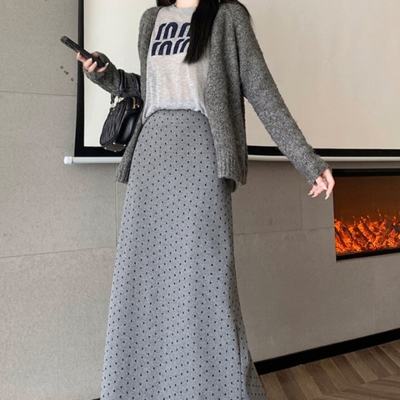 骨格ウェーブ ハイウエストドット柄ロングタイトスカート