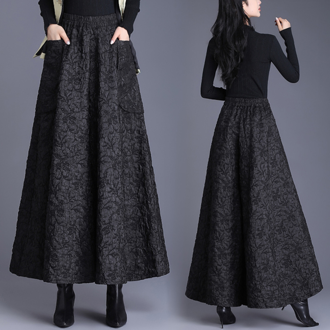 骨格ウェーブ ブラック花柄フレアロングスカート