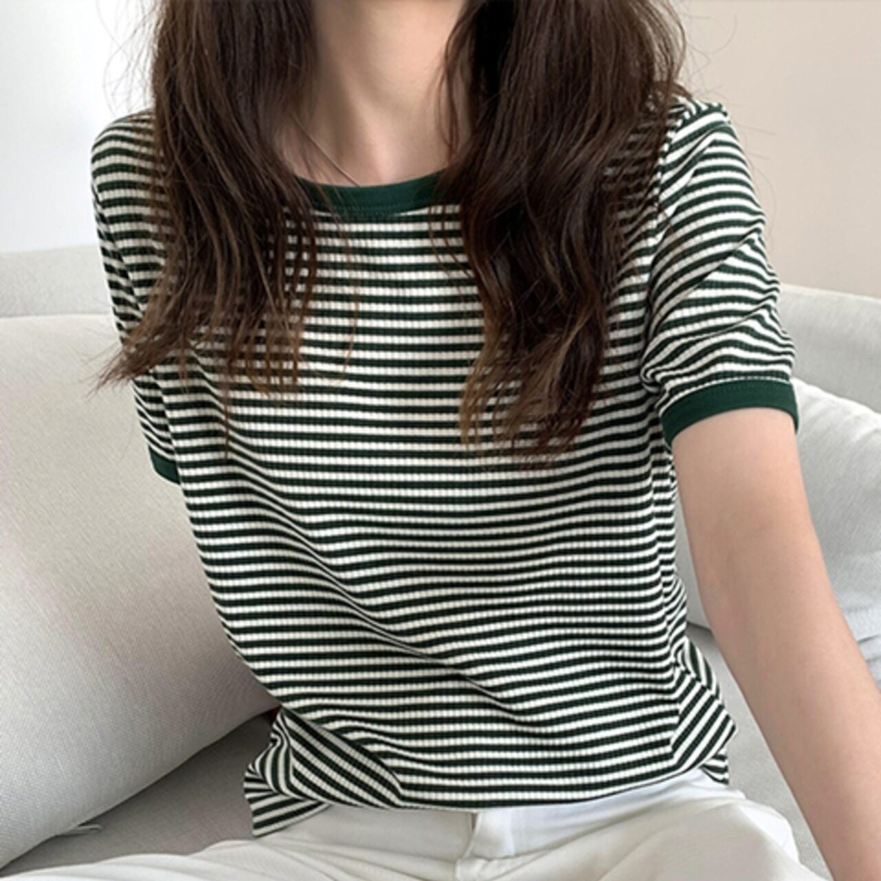 骨格ウェーブ ラウンドネックボーダーTシャツ