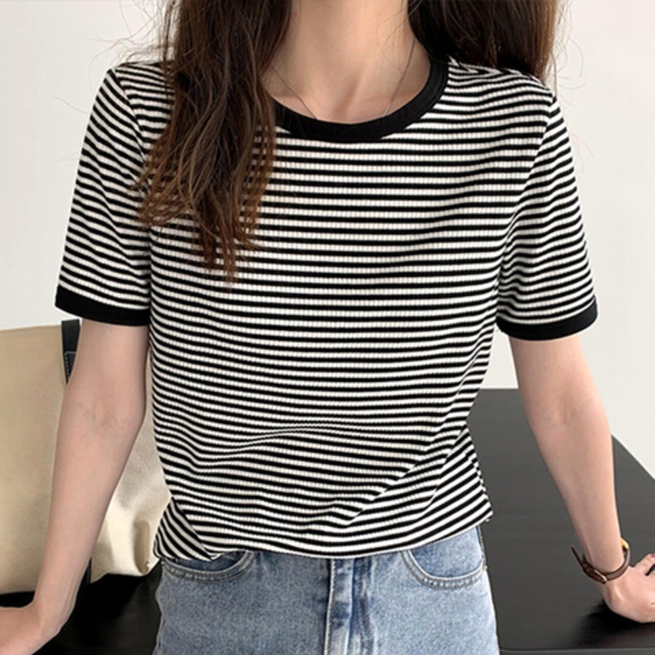 骨格ウェーブ ラウンドネックボーダーTシャツ