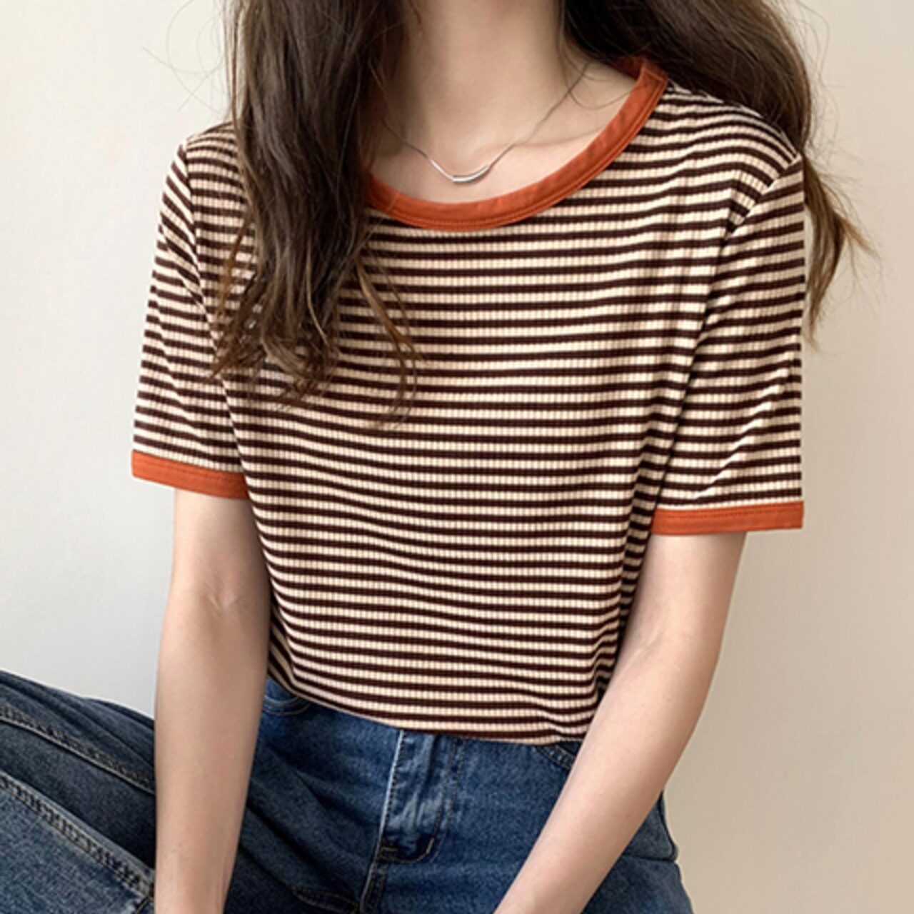 骨格ウェーブ ラウンドネックボーダーTシャツ