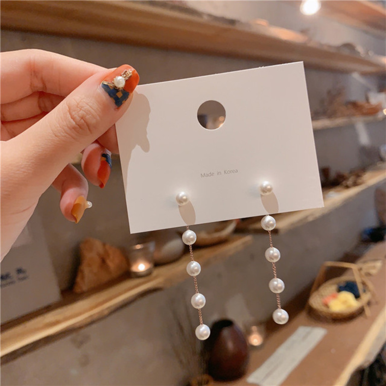 骨格ウェーブ ロングパールピアス
