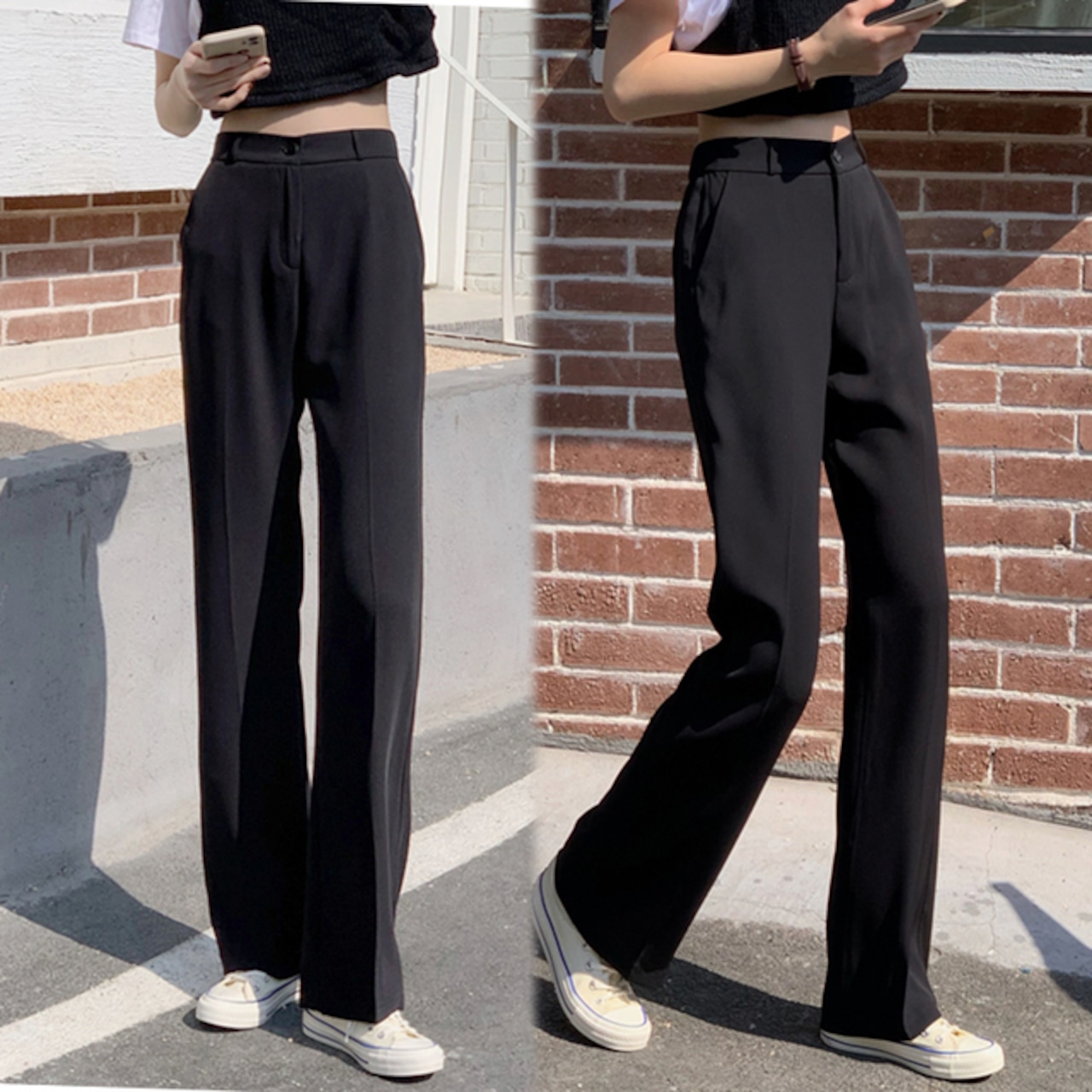 骨格ウェーブ ハイウエスト スリムストレートスーツパンツ