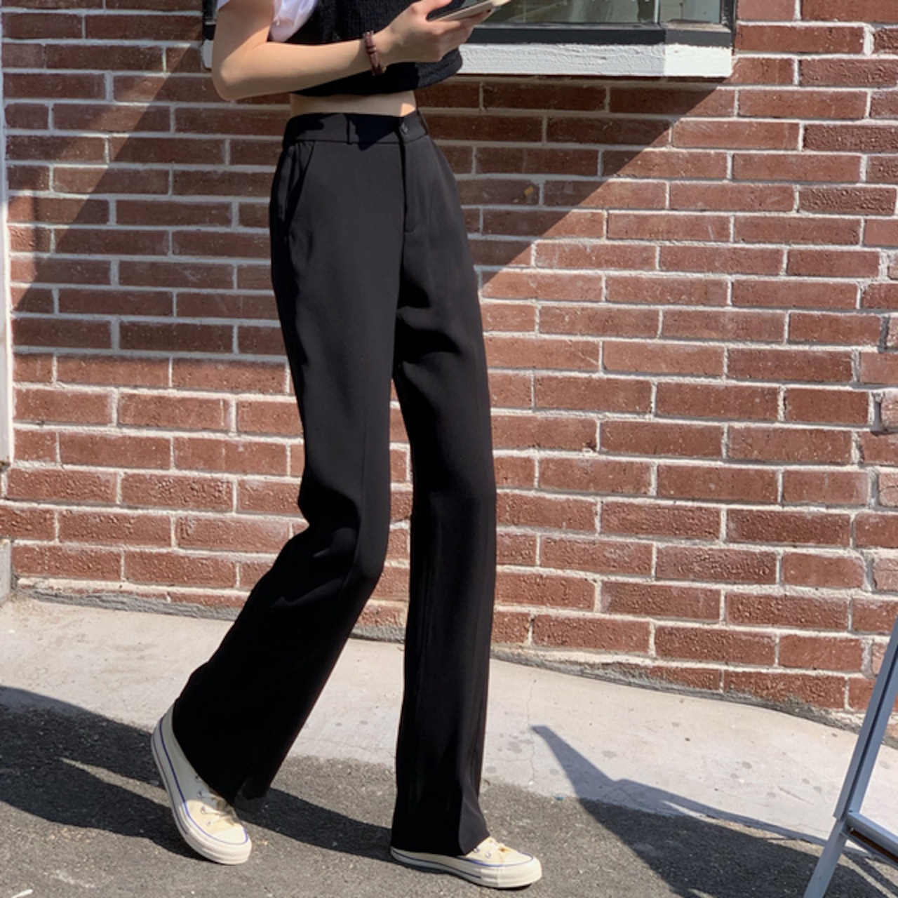 骨格ウェーブ ハイウエスト スリムストレートスーツパンツ