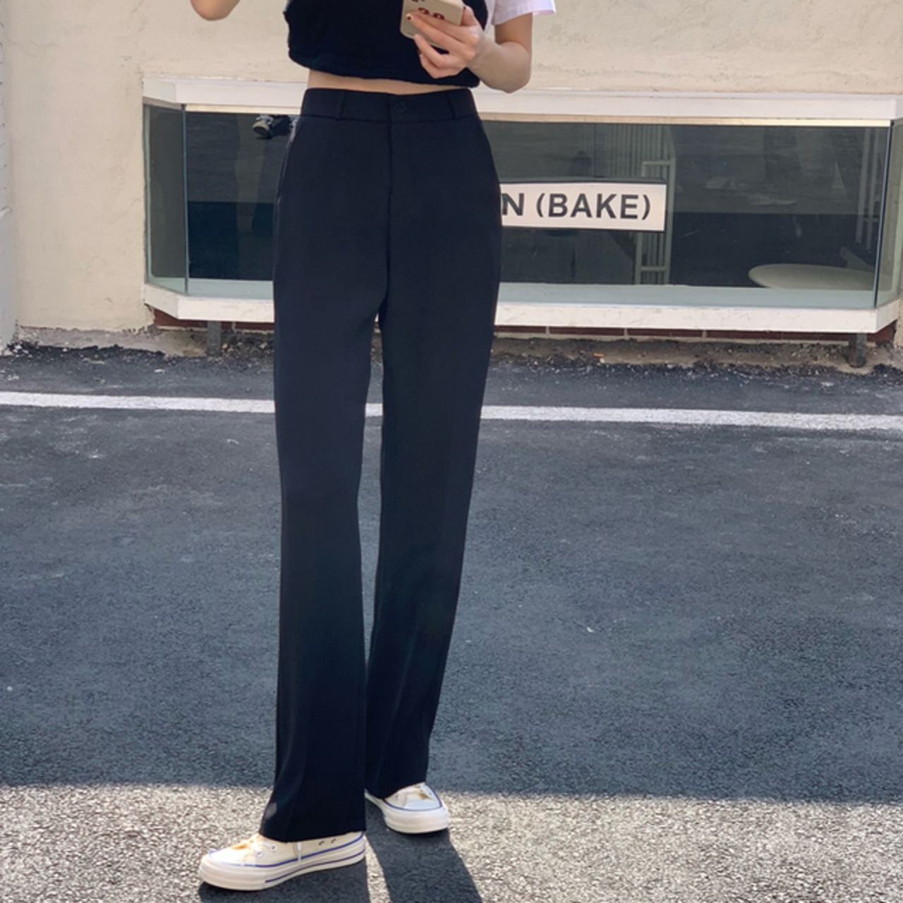 骨格ウェーブ ハイウエスト スリムストレートスーツパンツ