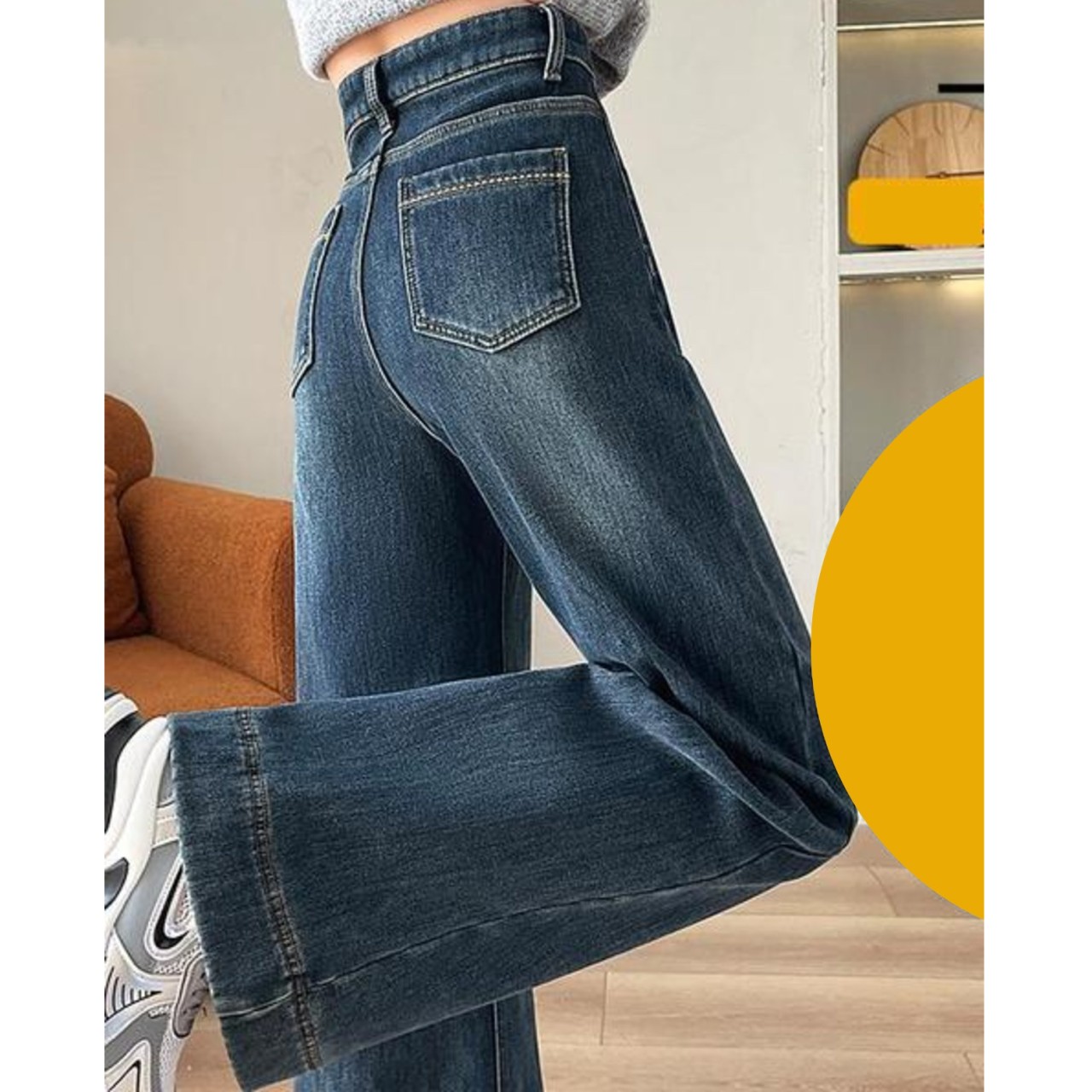 骨格ウェーブ ハイウエスト ルーズワイドストレートデニムパンツ