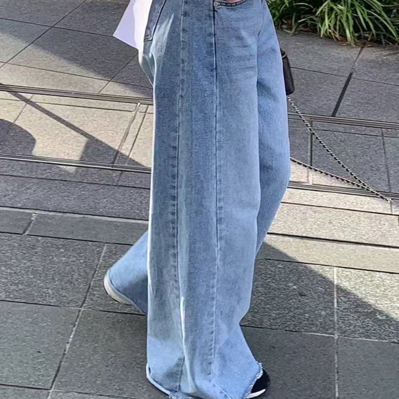 骨格ウェーブハイウエストワイドベルトワイドレッグデニムパンツ