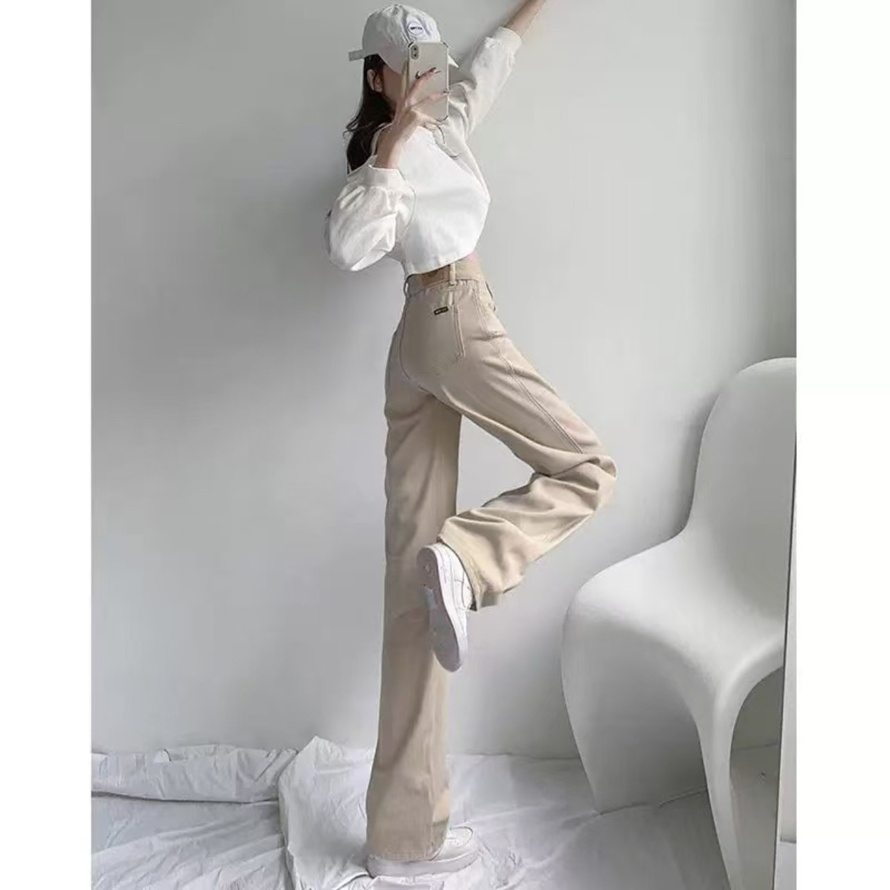 骨格ウェーブ服ハイウエストストレートデニムパンツ