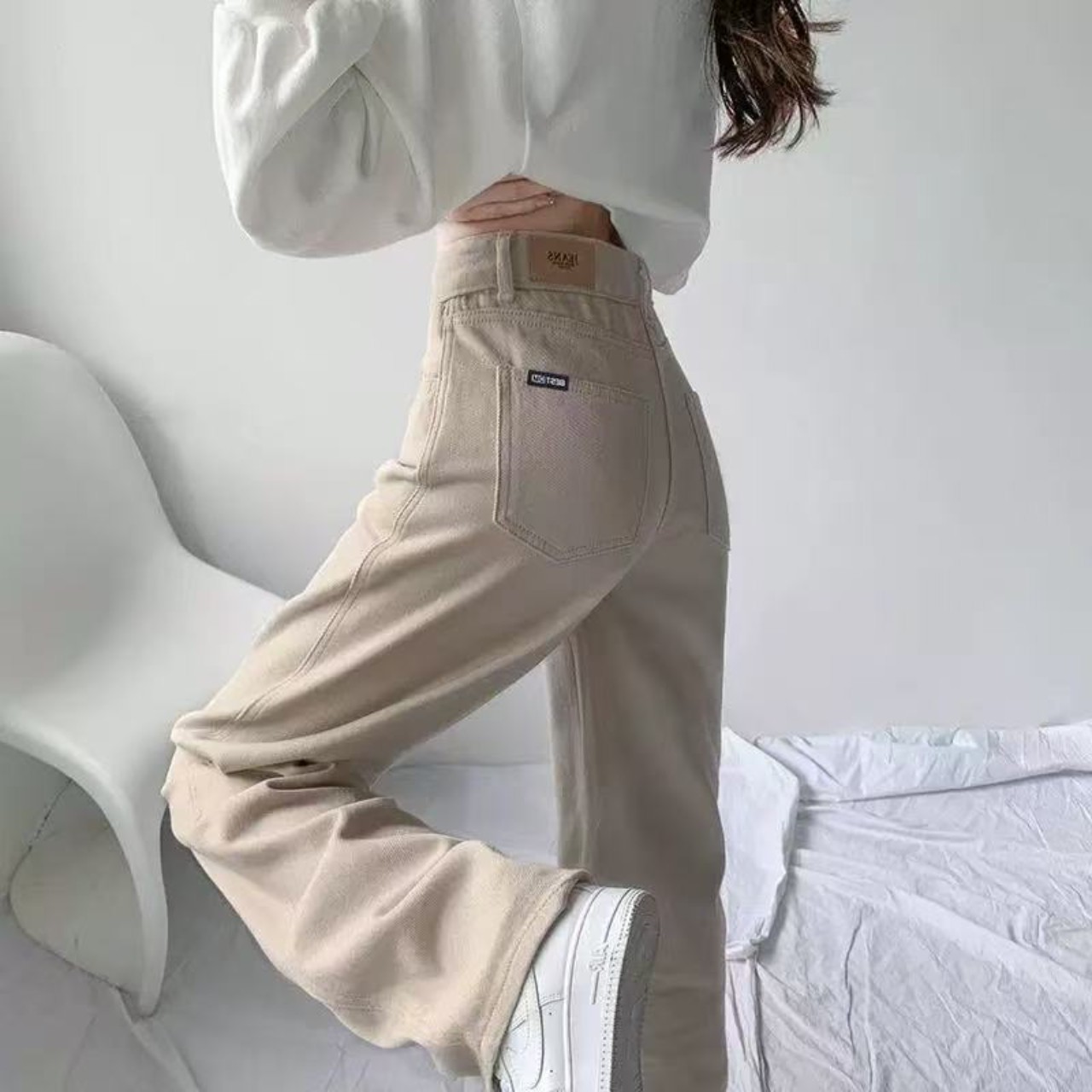 骨格ウェーブ服ハイウエストストレートデニムパンツ