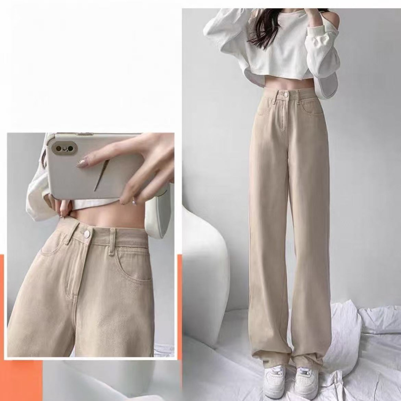 骨格ウェーブ服ハイウエストストレートデニムパンツ