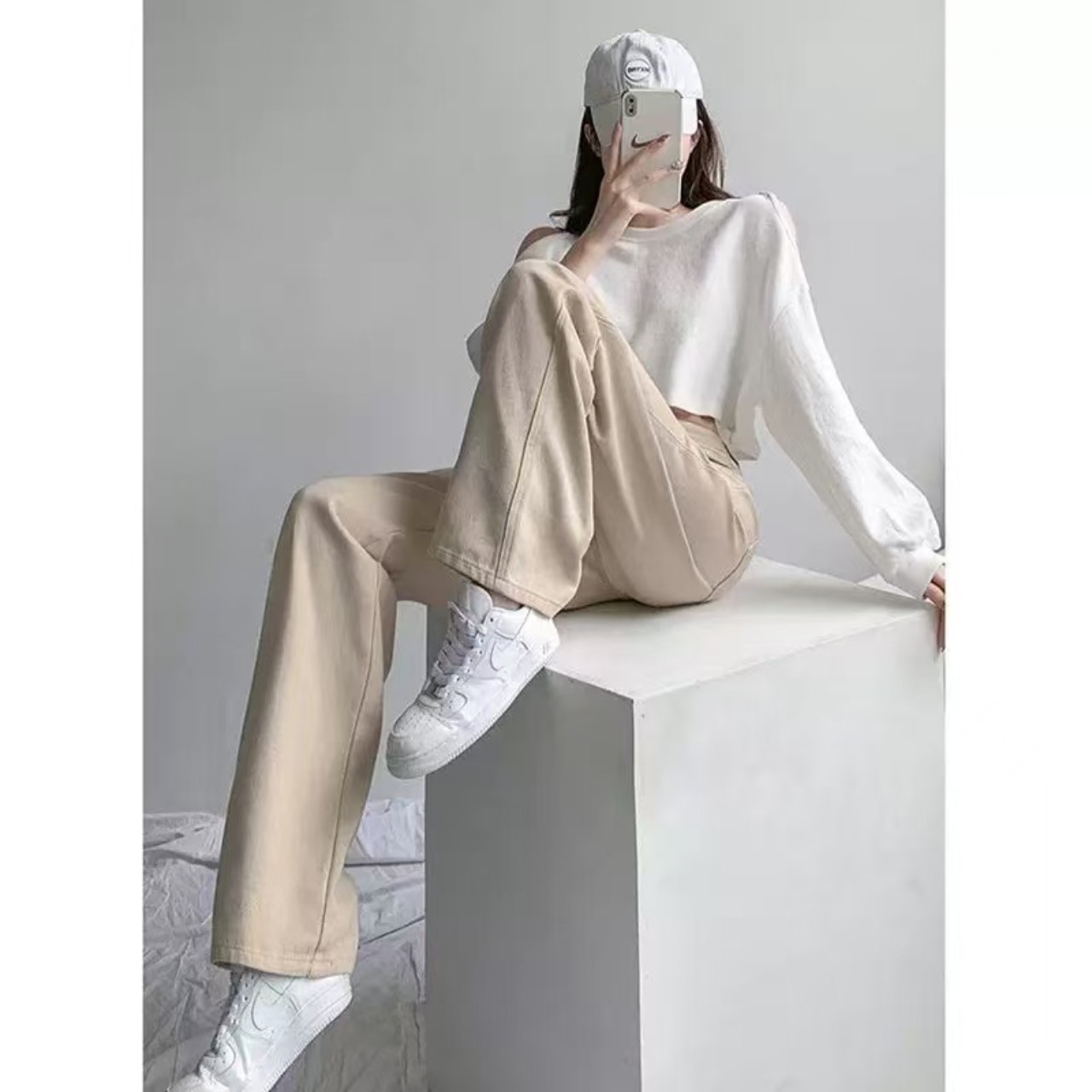 骨格ウェーブ服ハイウエストストレートデニムパンツ