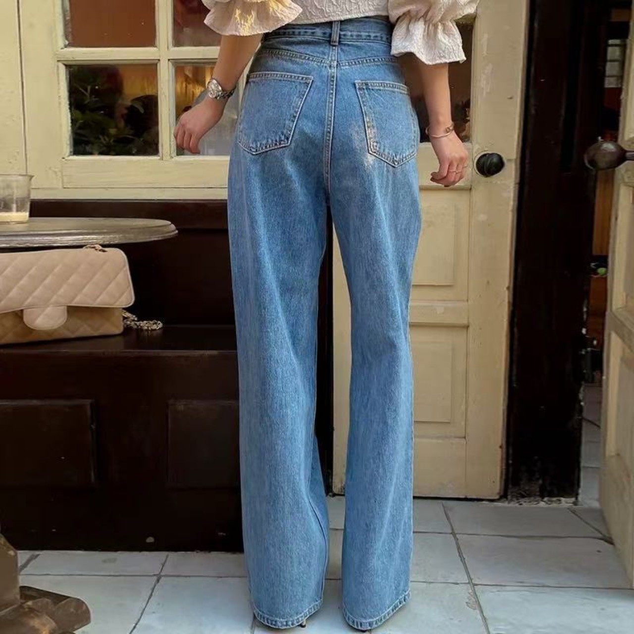 骨格ウェーブワイドレッグデニムパンツ
