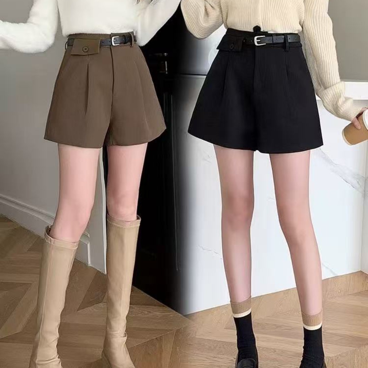 骨格ウェーブベルト付きショートパンツ