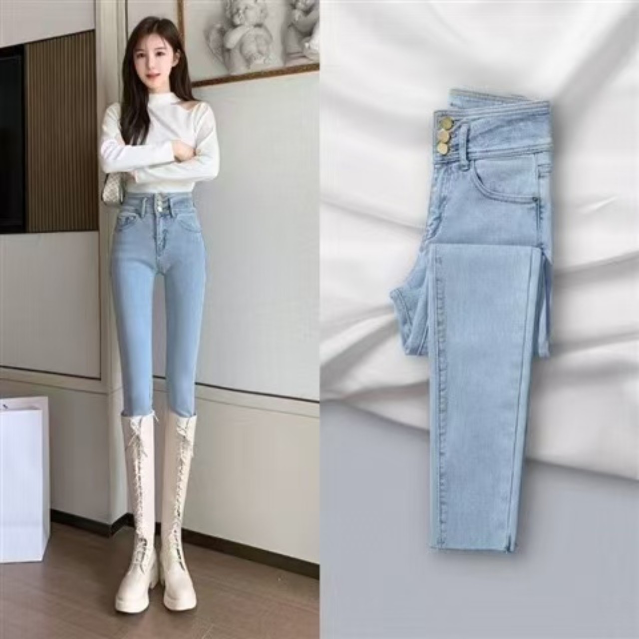 骨格ウェーブ服ハイウエストスキニーパンツ