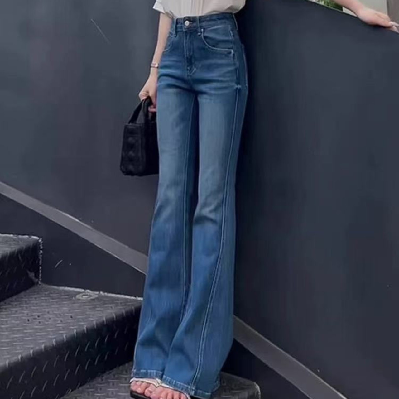 骨格ウェーブ服ハイウエスト上品なフレアパンツ