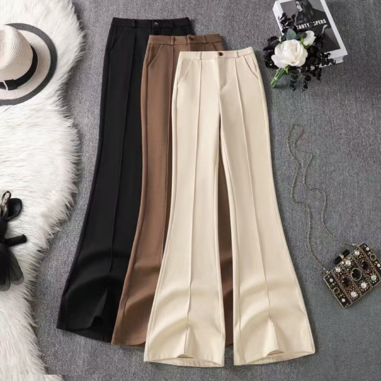 骨格ウェーブ服ハイウエストフロントフレアパンツ