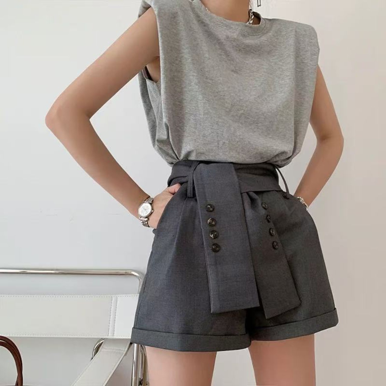 骨格ウェーブ服絞りハイウエストパンツ