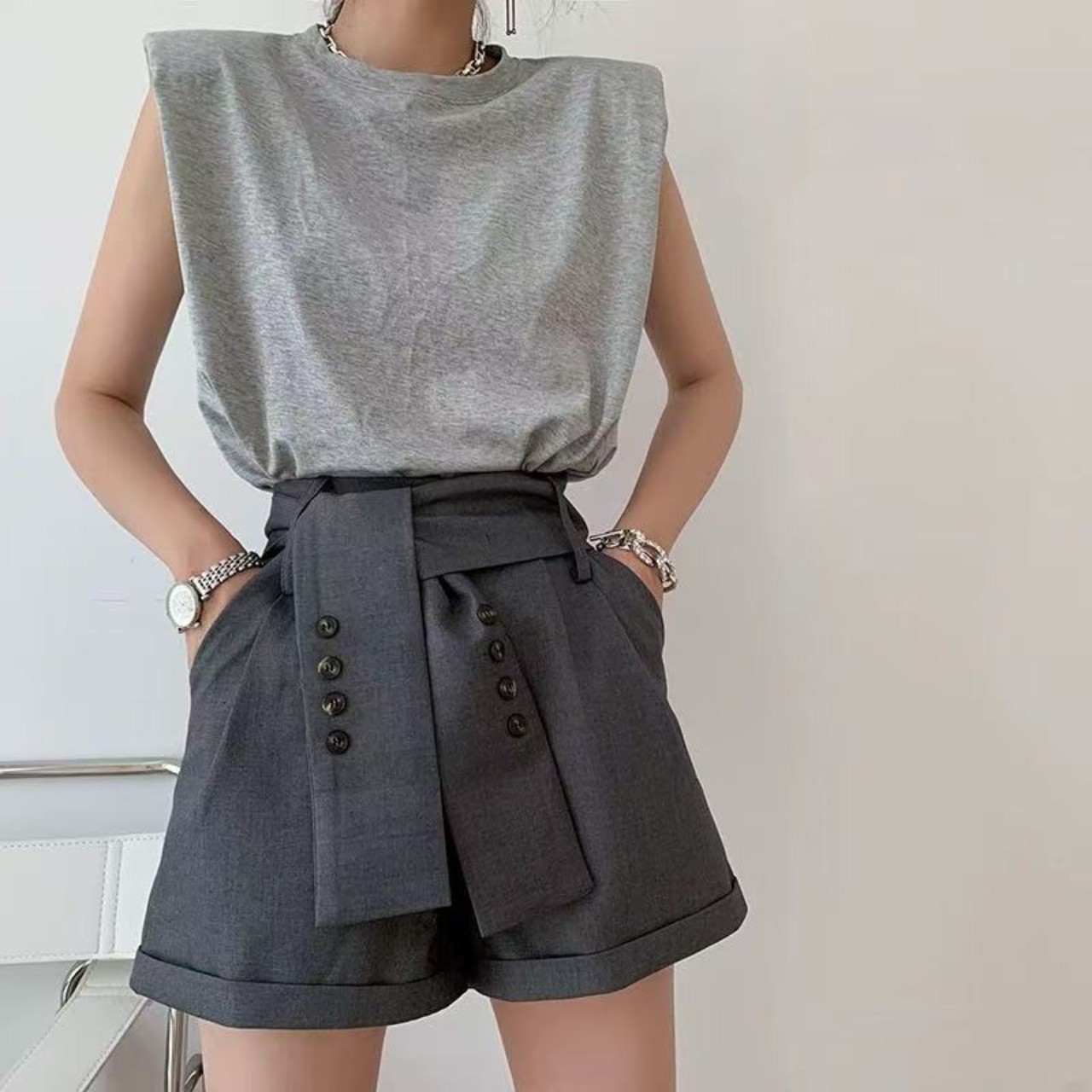 骨格ウェーブ服絞りハイウエストパンツ