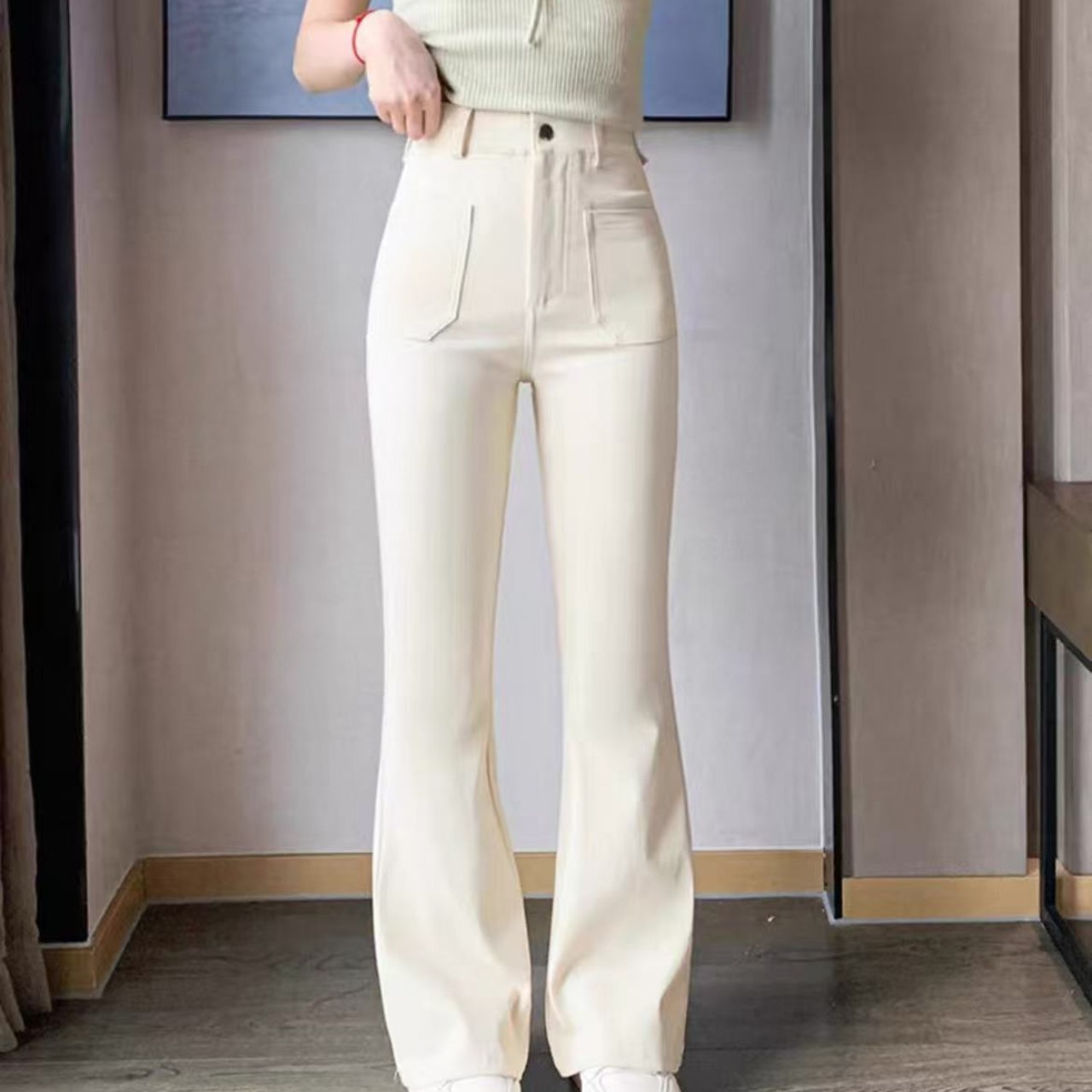 骨格ウェーブ服ハイウエストフロントフレアパンツ