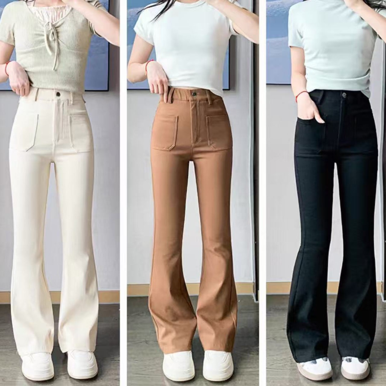 骨格ウェーブ服ハイウエストフロントフレアパンツ