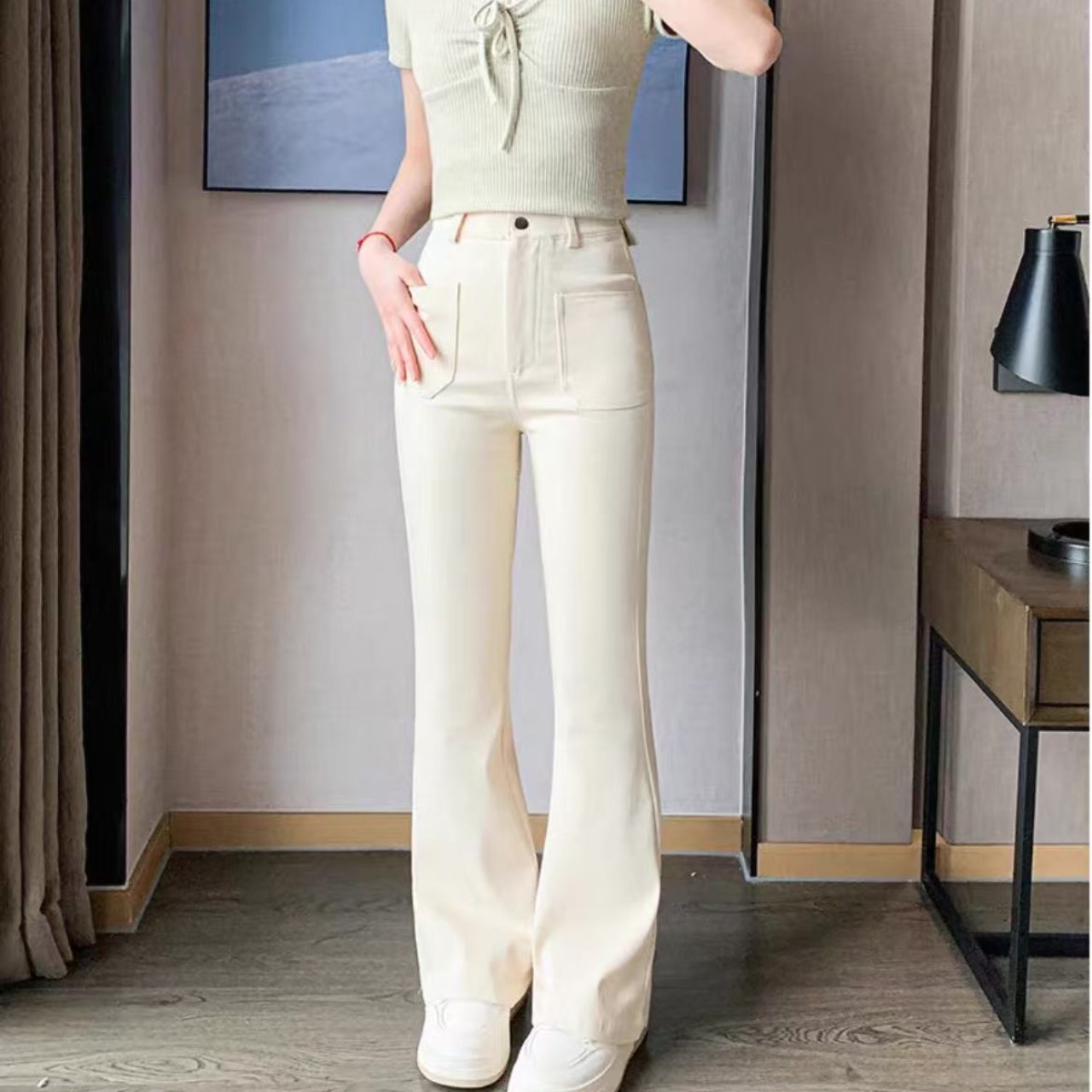 骨格ウェーブ服ハイウエストフロントフレアパンツ