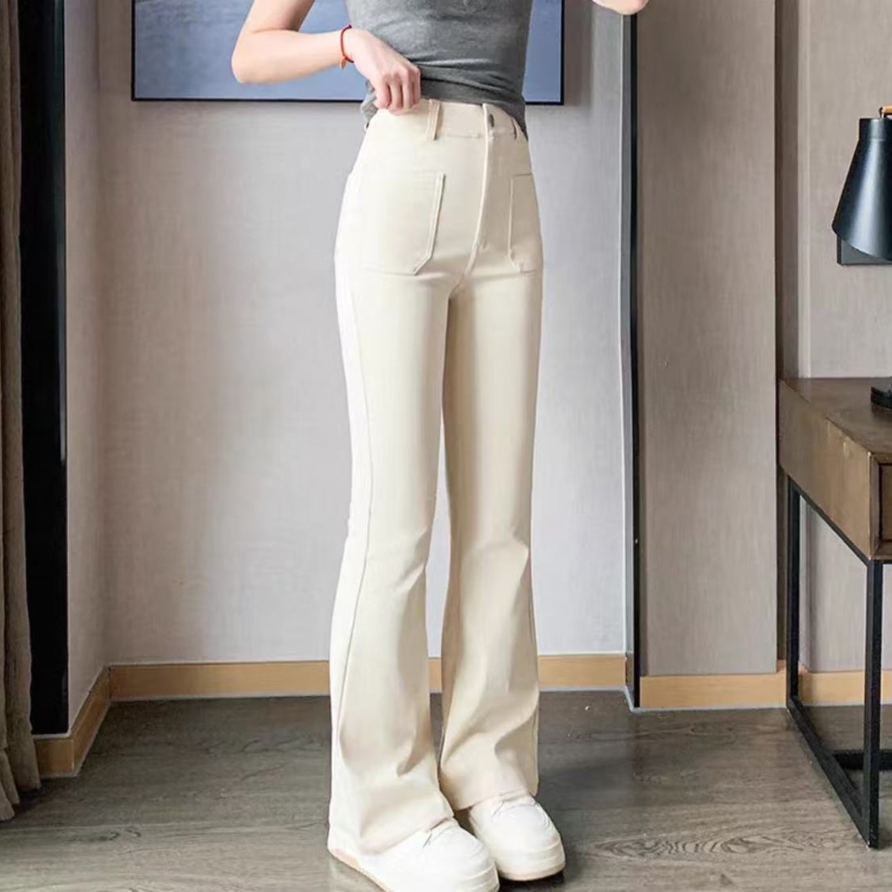 骨格ウェーブ服ハイウエストフロントフレアパンツ