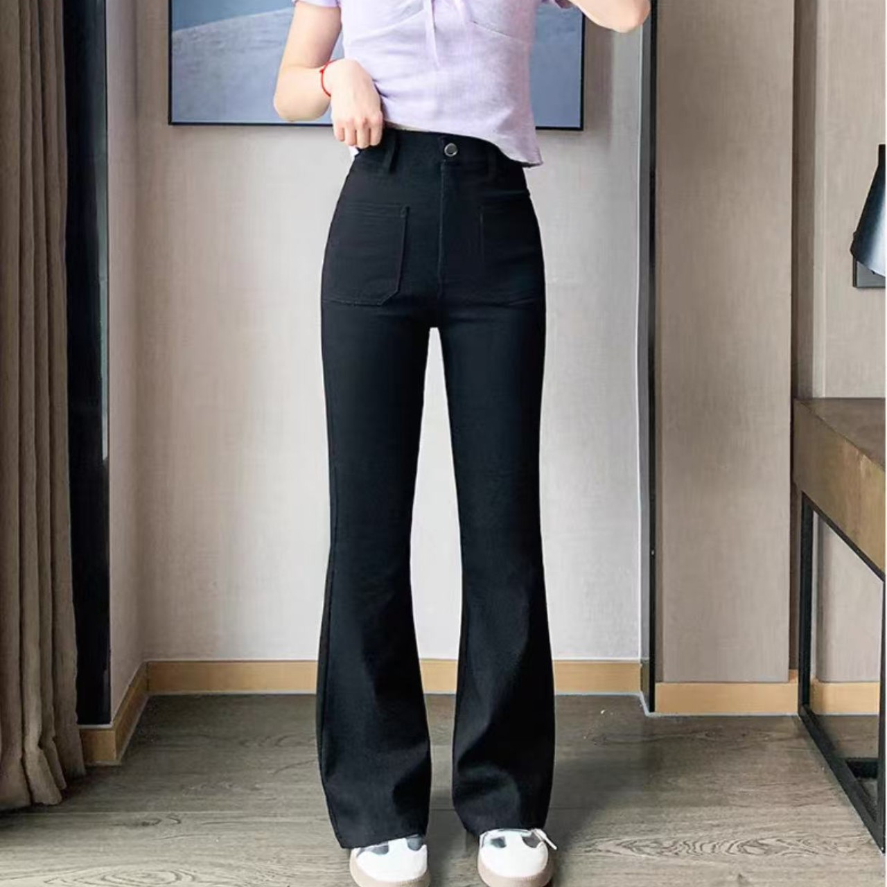 骨格ウェーブ服ハイウエストフロントフレアパンツ