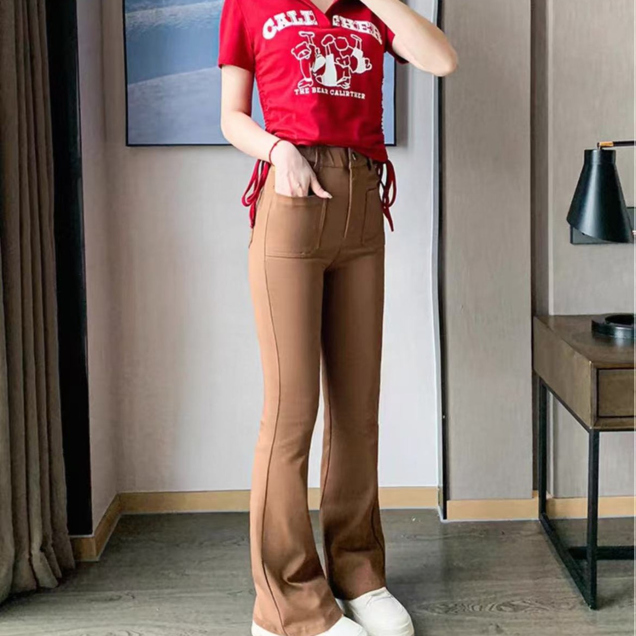 骨格ウェーブ服ハイウエストフロントフレアパンツ