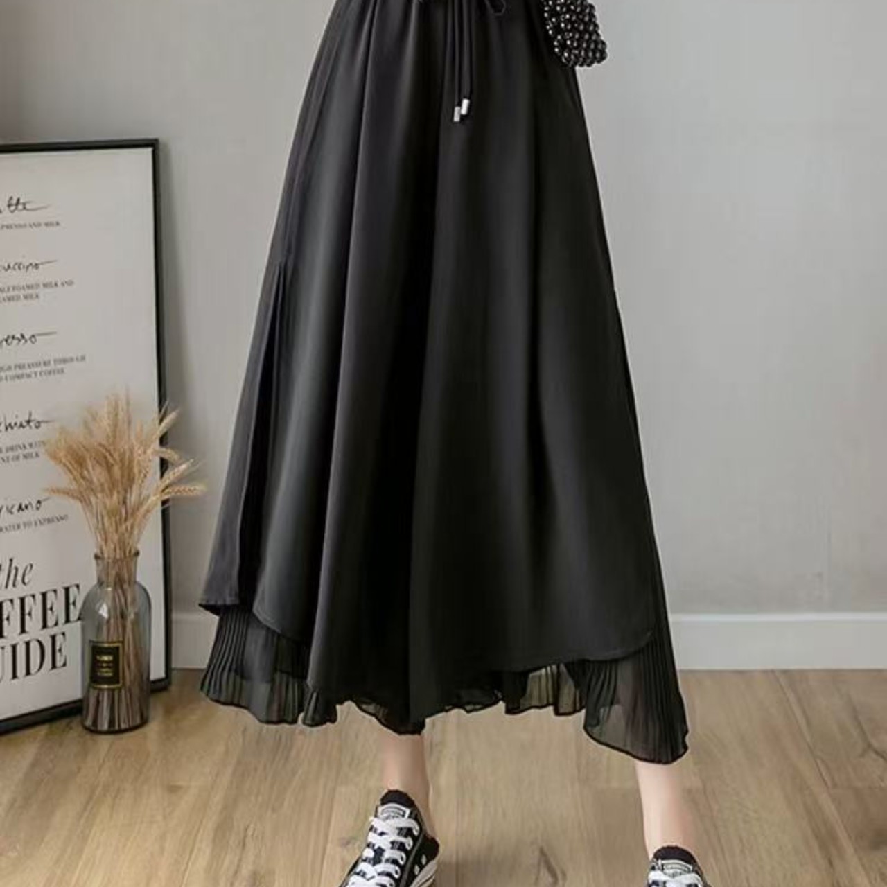 骨格ウェーブプリーツレイヤードシフォンロングガウチョパンツ