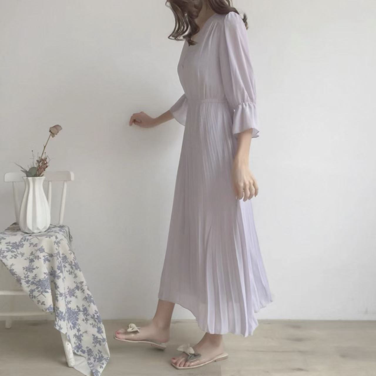 骨格ウェーブ切り替えプリーツワンピース