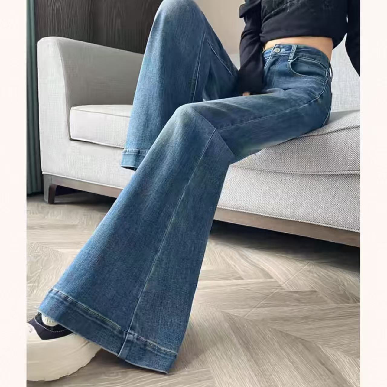 骨格レディースワイドデニムフレアパンツ