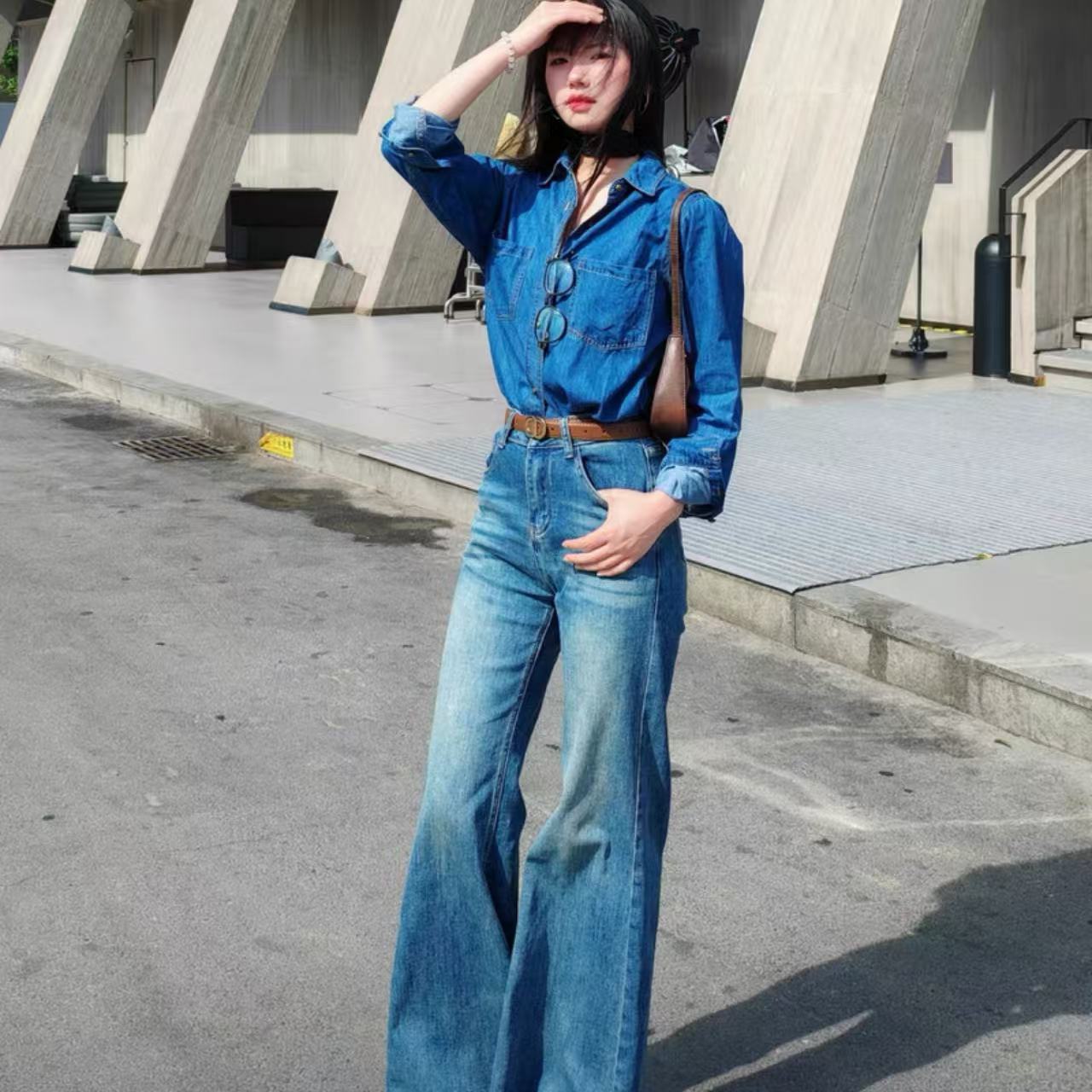 骨格レディースワイドデニムフレアパンツ