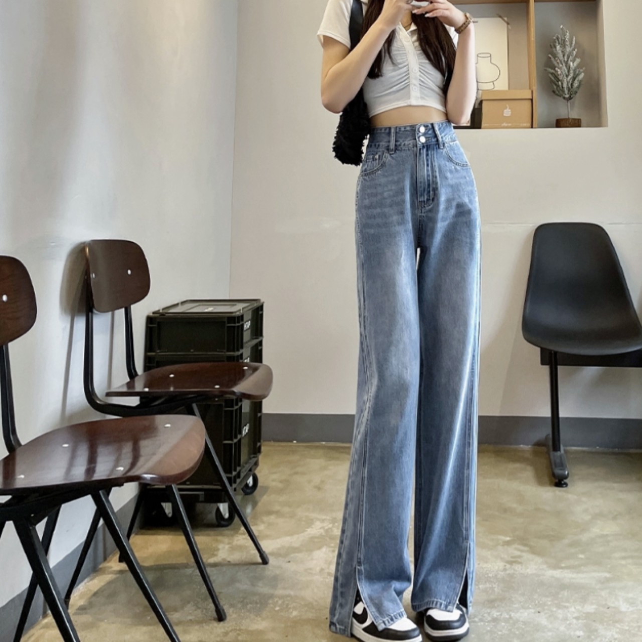 骨格レディースハイウエストワイドデニムフレアパンツ