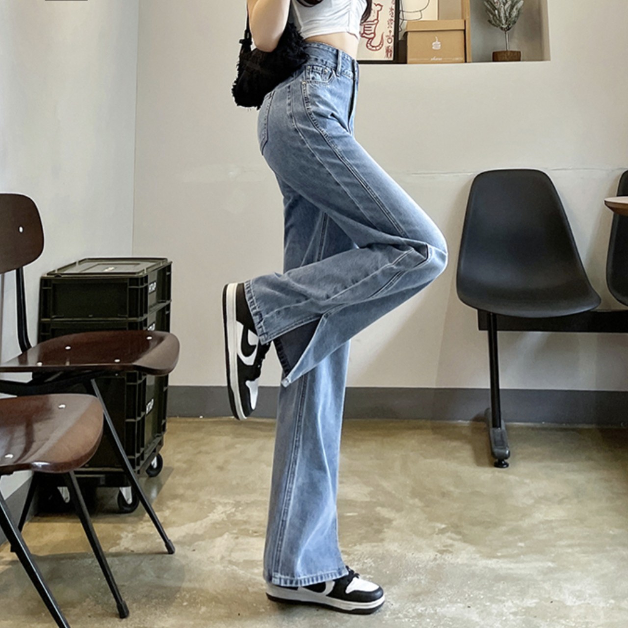 骨格レディースハイウエストワイドデニムフレアパンツ
