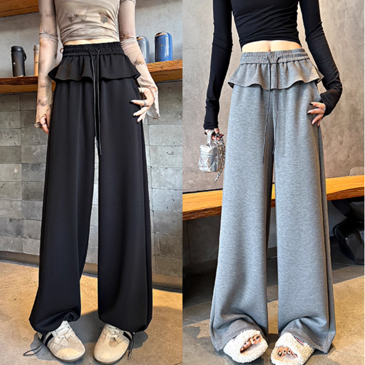 骨格ウェーブ フリル切替 ワイドパンツ ハイウエスト ゴム入り ゆったり＆スリム見え スポーツカジュアル