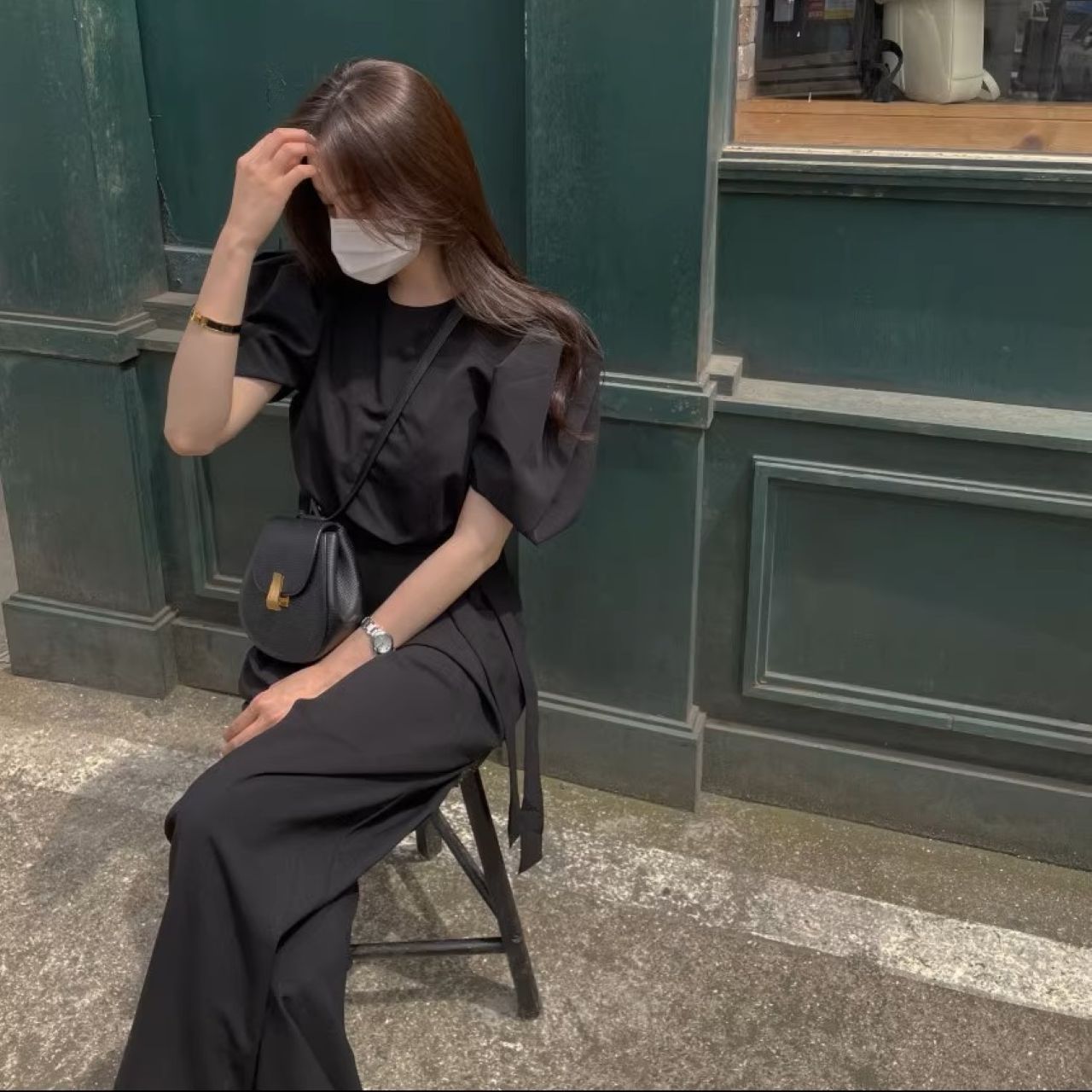 骨格ウェーブ 韓国風 ハイウエスト ワイドパンツ プリーツ アシンメトリー リボン付き