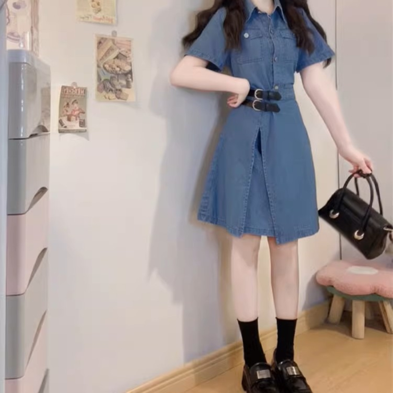 骨格ウェーブ Aライン デニムシャツワンピース