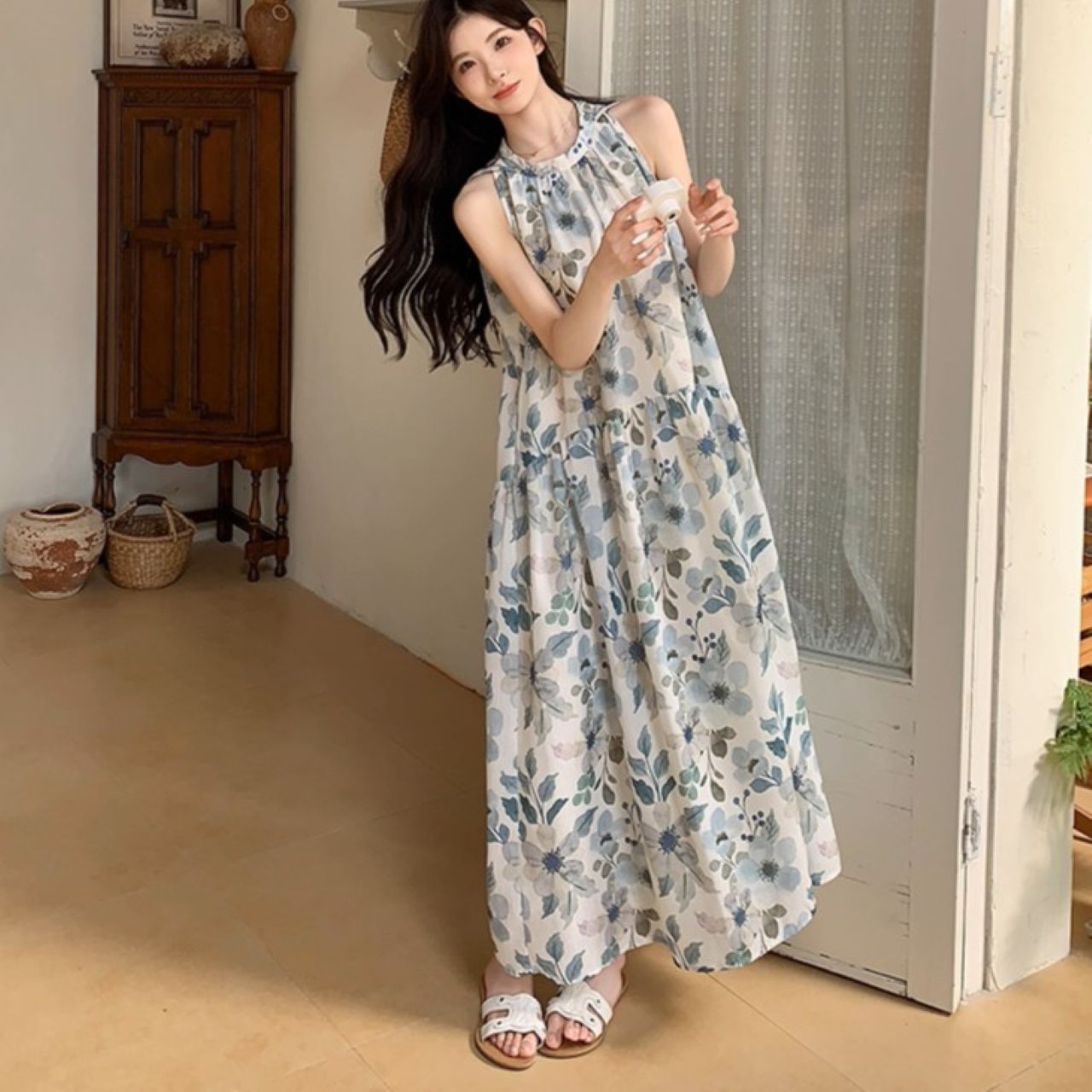 骨格ウェーブ 花柄 ホルターネック ワンピース