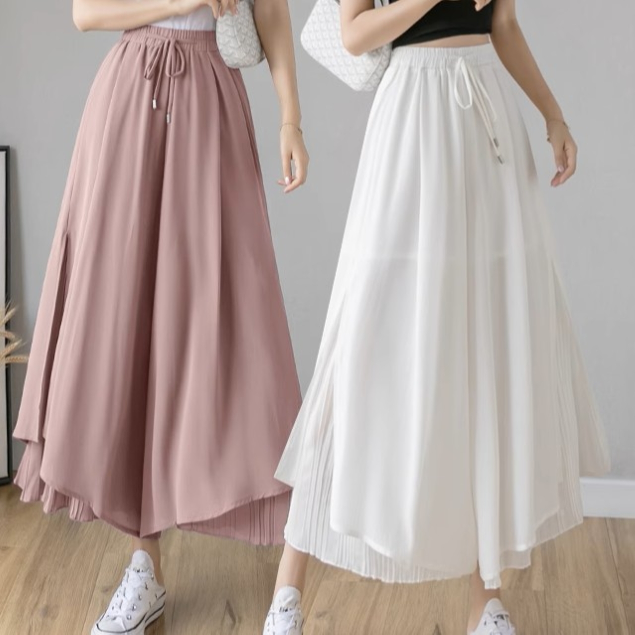 骨格ウェーブプリーツレイヤードシフォンロングガウチョパンツ