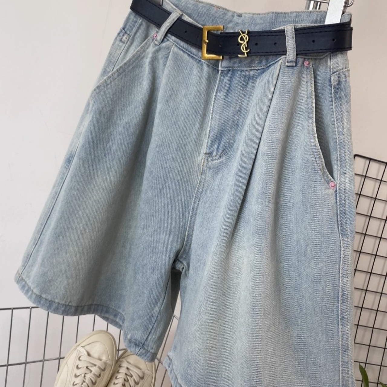 骨格ウェーブ デニム リラックス ハーフパンツ