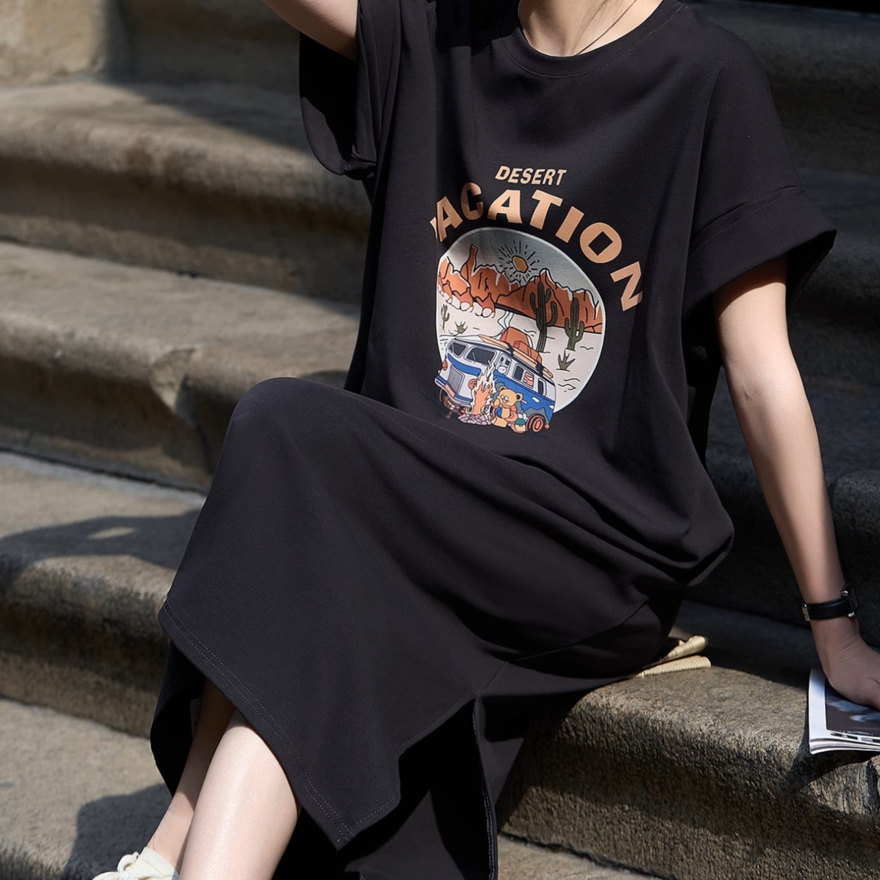 骨格ウェーブ プリントTシャツ Iライン ワンピース