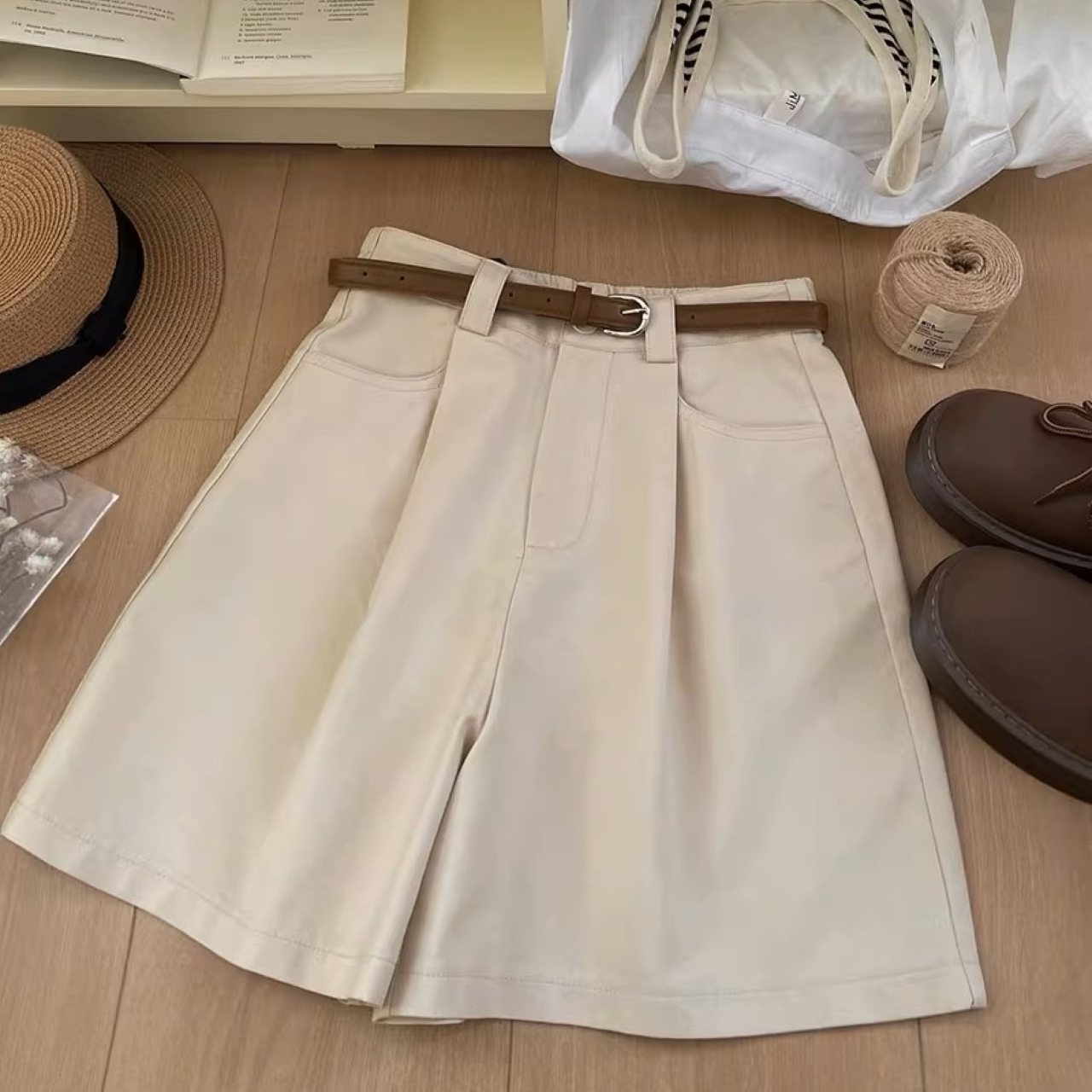 骨格ウェーブ ハイウエスト コットン ワイドハーフパンツ