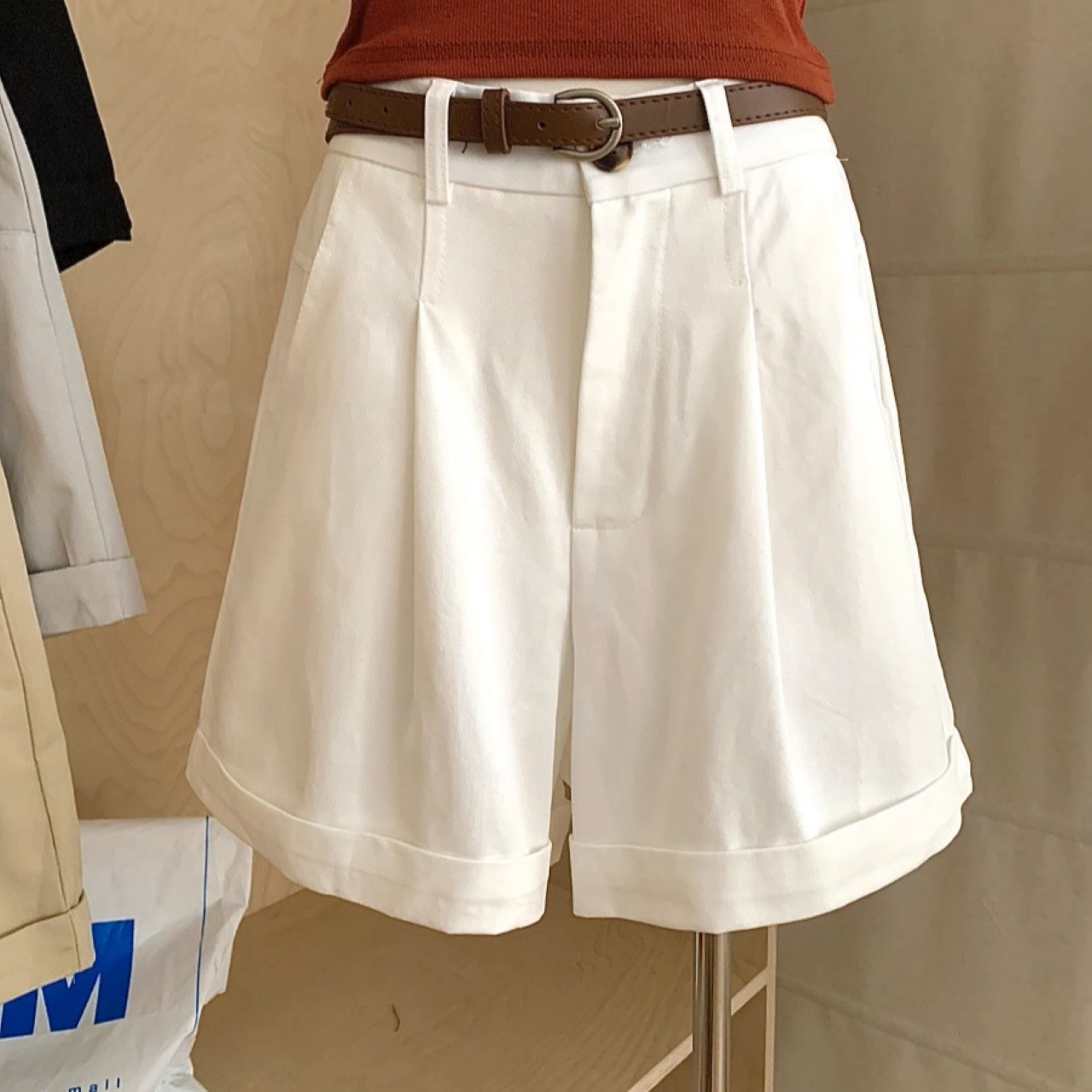 骨格ウェーブ カジュアル ベルト付き ハーフパンツ