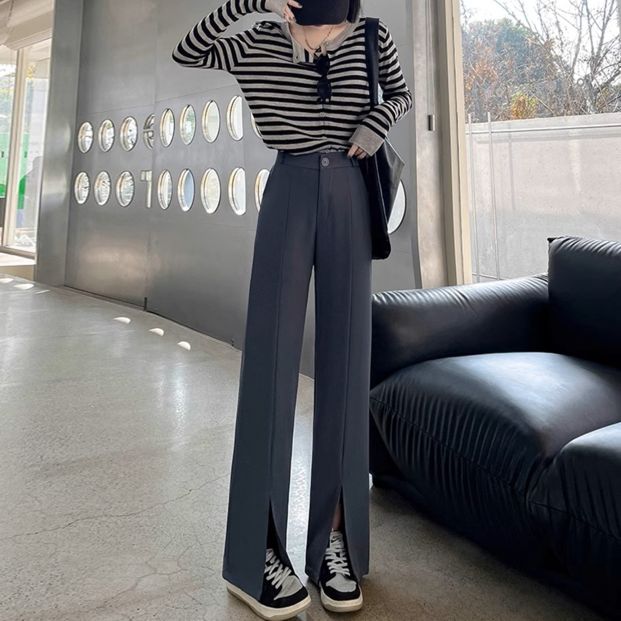 骨格ウェーブ スリット ストレート ワイドパンツ