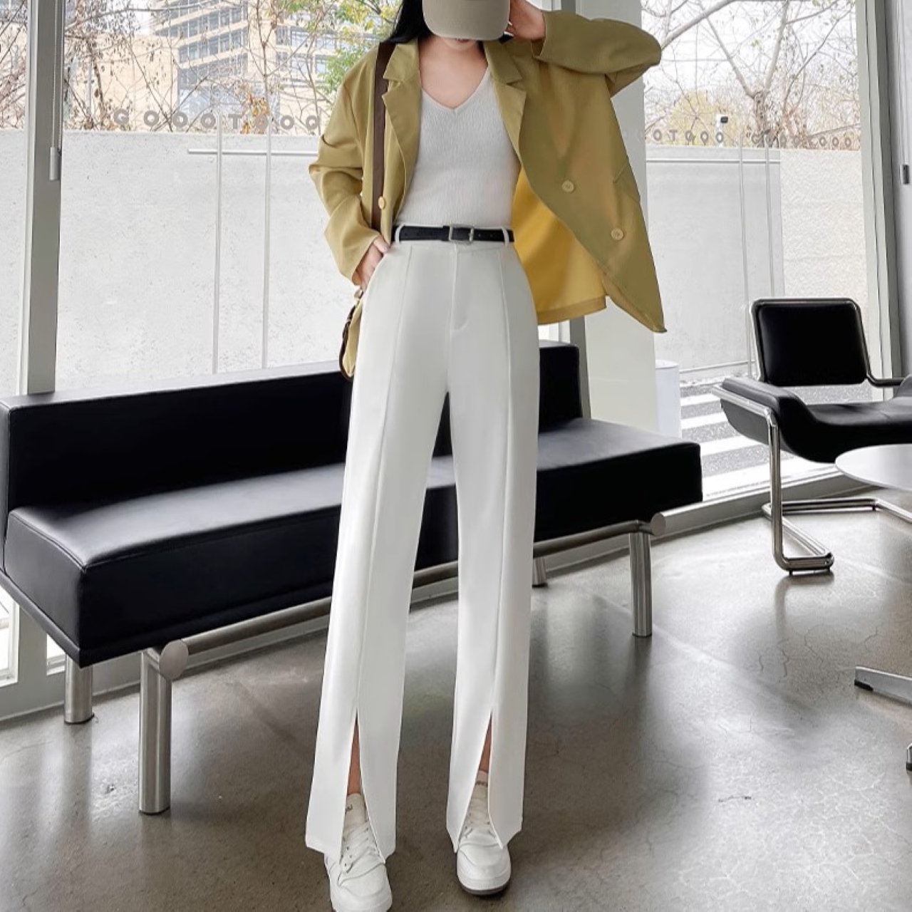 骨格ウェーブ スリット ストレート ワイドパンツ