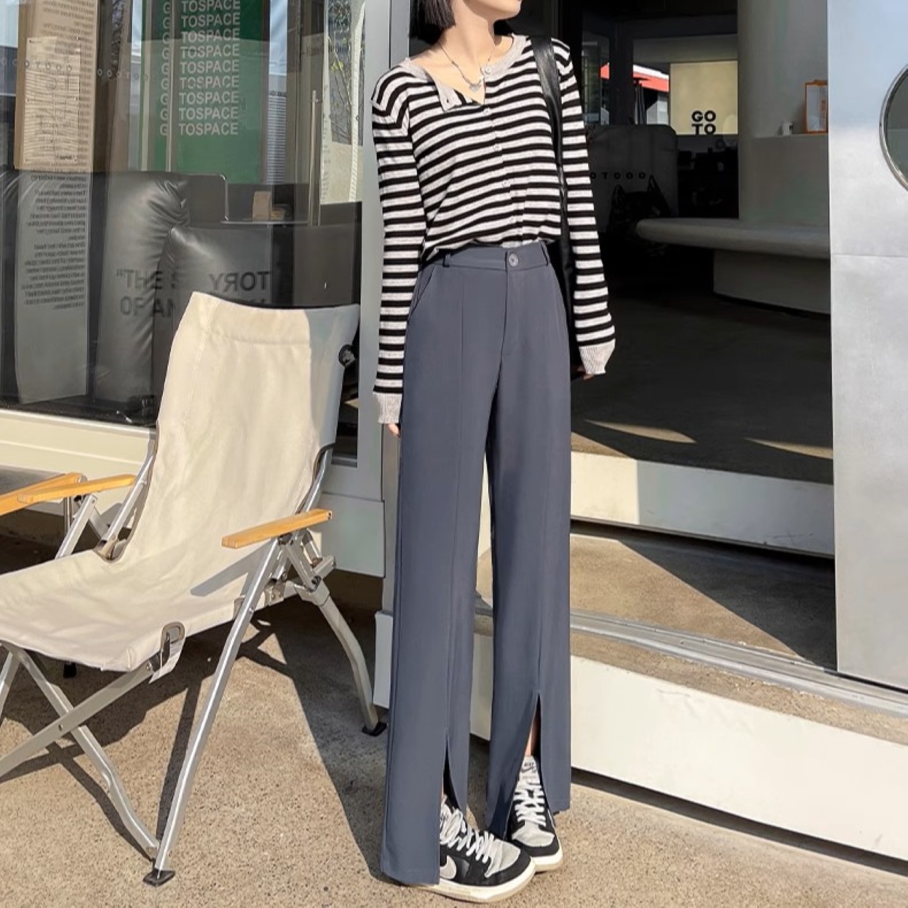 骨格ウェーブ スリット ストレート ワイドパンツ